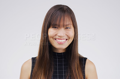 Buy stock photo Studio, portrait and Asian woman for beauty, haircare and cosmetic treatment on white background. Face, smile and  hairstyle for salon keratin for female model, straight haircut and confidence