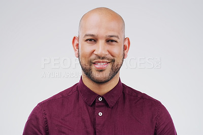 Buy stock photo Portrait, smile or happy man with confidence, wellness and casual outfit in studio on white background. Face, male model or person with happiness, carefree and joyful with mockup, beauty and fashion
