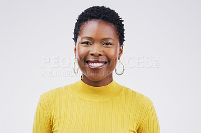 Buy stock photo Happy, smile and portrait of a black woman with a headshot isolated on a white background in a studio. Happiness, business and face of a young African employee smiling for a corporate profile
