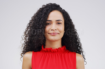 Buy stock photo Portrait, happy and curly with a woman in studio on a white background for beauty or fashion. Face, smile and natural style with an attractive young or real female person confident in trendy clothes