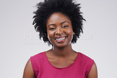 Buy stock photo Black woman, portrait and happiness in studio for internship, business and startup company. Project manager, African female person, smile and pride white background for creative venture in job