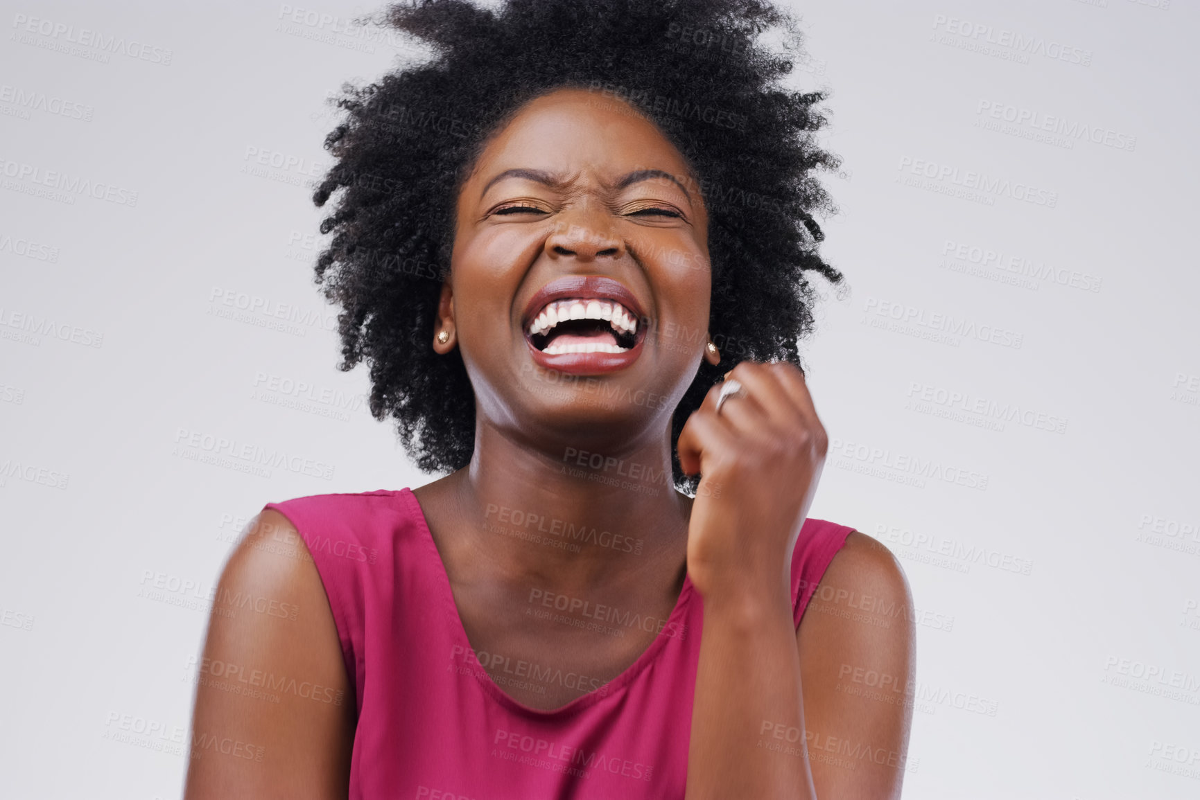 Buy stock photo Happy, laughing and a black woman with comedy and smile isolated on a white background in a studio. Funny, mature and an African person with a laugh for a joke, happiness and smiling on a backdrop