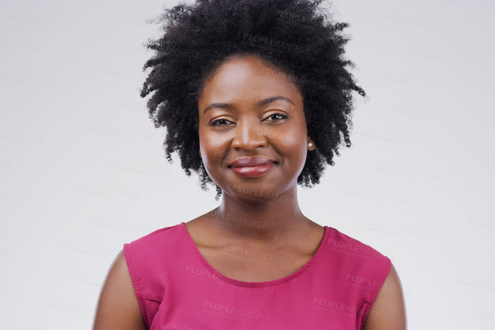 Buy stock photo Portrait, happy and afro with a black woman in studio on a gray background for beauty or fashion. Face, smile and natural with an attractive young female person feeling confident in trendy clothes