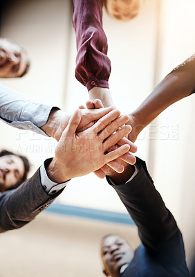 Buy stock photo ​​Group, teamwork and people with hands support or together, motivation or collaboration with project mission. Employees in circle with stack for business target, resilience and goals in low angle