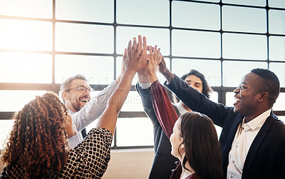 Buy stock photo High five, business people and group together for teamwork, collaboration or team building in office. Hands of diversity men and women for corporate support, solidarity and mission or motivation