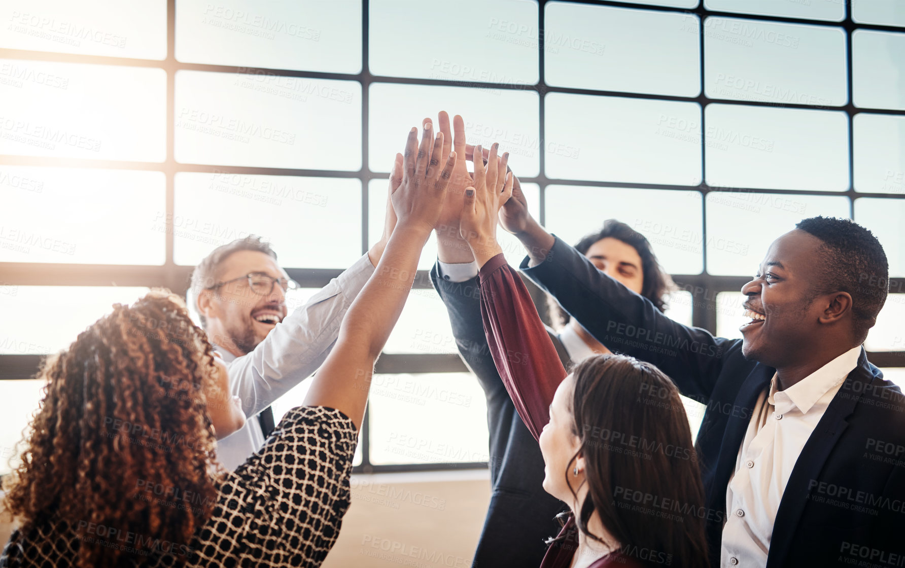 Buy stock photo High five, business people and group together for teamwork, collaboration or team building in office. Hands of diversity men and women for corporate support, solidarity and mission or motivation