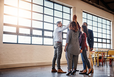 Buy stock photo Business, people and smile with high five in office for synergy, celebration and teamwork. Employees, collaboration and deal for project with achievement, congratulations and unity for partnership