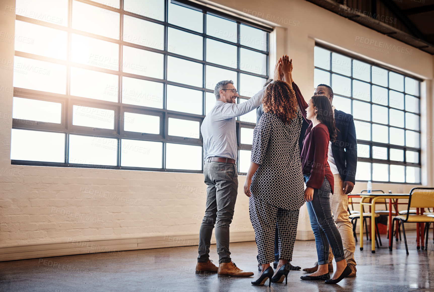 Buy stock photo Business, people and smile with high five in office for synergy, celebration and teamwork. Employees, collaboration and deal for project with achievement, congratulations and unity for partnership