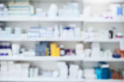 Buy stock photo Pharmacy, medicine and blur with healthcare shop, shelf and prescription care pills. Medical, retail store and supply of health supplements, vitamins and minerals for vitality and wellness dispensary