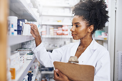 Buy stock photo Pharmacy, clipboard and woman at shelf for search, customer order and antibiotic stock. Female pharmacist, checklist and drugs at inventory with medication, product information and storage for sale