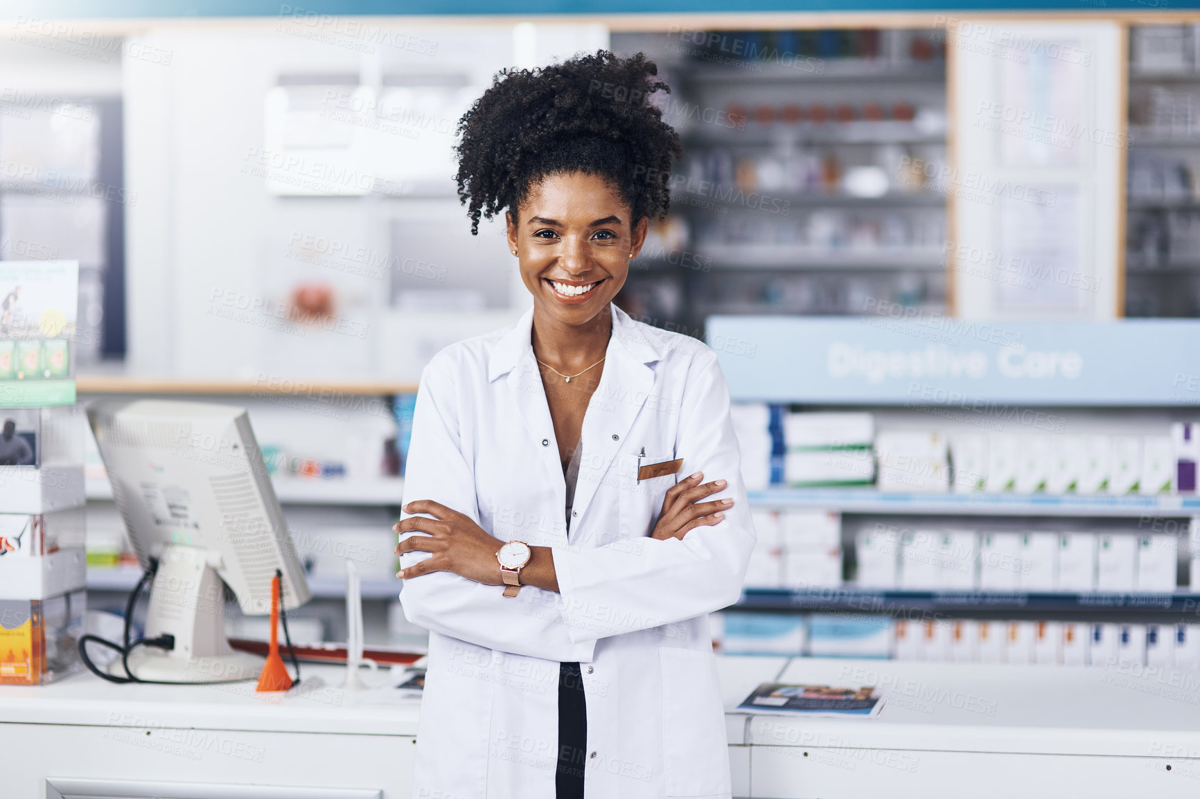 Buy stock photo Portrait of a female pharmacist standing in a chemist