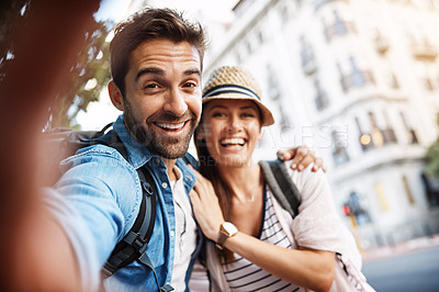 Buy stock photo Tourist couple, happy and selfie for travel on a city street with a partner for holiday memory. Face of a man and woman outdoor on urban road for adventure, journey or vacation for freedom and relax