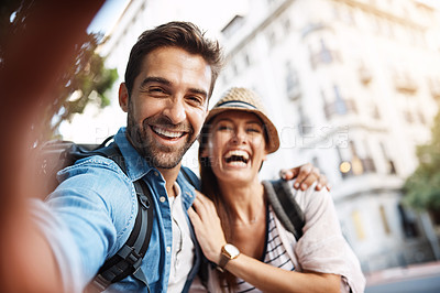 Buy stock photo Tourist, selfie and happy couple for travel on city street for holiday memory and happiness. Face of man and woman outdoor for outdoor adventure, journey or vacation for freedom or funny portrait