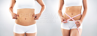 Buy stock photo Studio shot of an unrecognizable woman showing two sides of weight loss and weight gain against a grey background