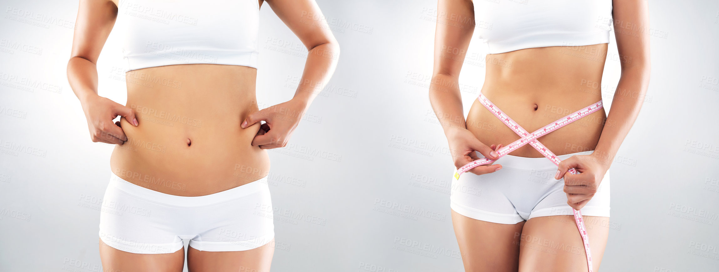 Buy stock photo Studio shot of an unrecognizable woman showing two sides of weight loss and weight gain against a grey background