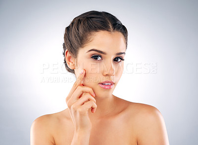 Buy stock photo Studio, beauty and portrait of woman for skincare, wellness and facial treatment. Dermatology, salon and isolated person with natural, healthy skin and cosmetics for anti aging on white background