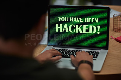 Buy stock photo Shot of a businessman using a laptop with the words “you have been hacked” on the screen