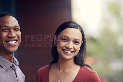 Buy stock photo Portrait of a happy young couple spending time together