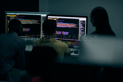 Buy stock photo Programming, code and computer with business people in office at night for cyber security, cloud computing and data. Software development, teamwork and digital with developers for coding and network