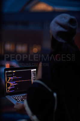 Buy stock photo Hacker, night and programming with person and laptop screen for ransomware, cyber security and phishing. Coding, technology and crime with programmer typing for fraud, network system and data scam