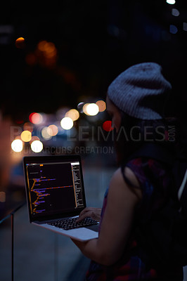 Buy stock photo Hacker, code and night with woman and laptop screen for ransomware, cyber security and phishing. Coding, technology and crime with programmer typing for fraud, network system and data scam