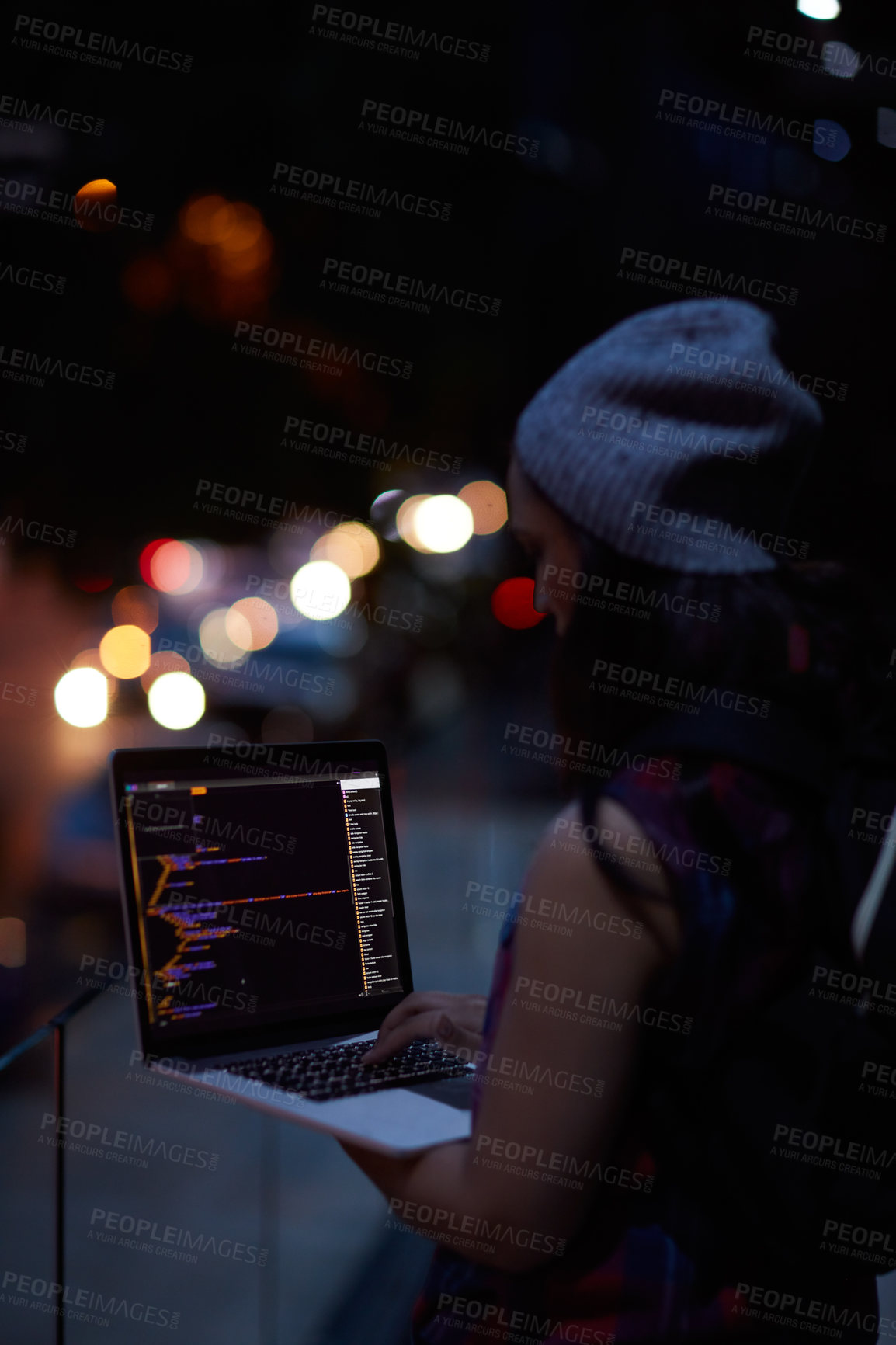 Buy stock photo Hacker, code and night with woman and laptop screen for ransomware, cyber security and phishing. Coding, technology and crime with programmer typing for fraud, network system and data scam