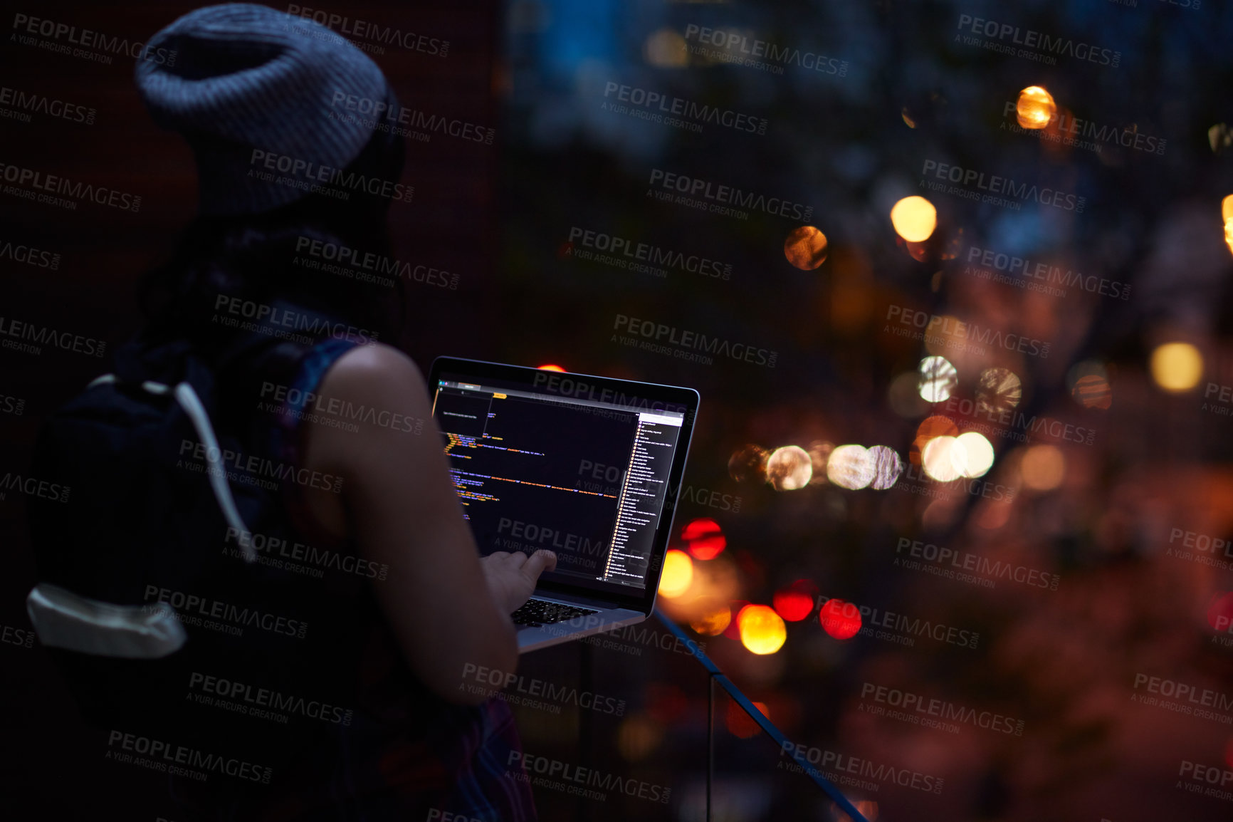Buy stock photo Hacker, phishing and programming with person and laptop for ransomware, cyber security and digital. Coding, technology and crime with programmer typing for fraud, network system or data scam at night