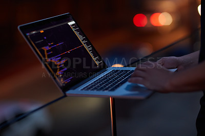 Buy stock photo Hacker, code and laptop with hands of person for ransomware, cyber security and phishing. Coding, technology and crime with closeup of programmer for fraud, network system and data scam at night