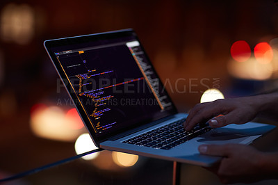 Buy stock photo Hacker, programming and laptop with hands of person for ransomware, cyber security and phishing. Coding, technology and crime with closeup of programmer for fraud, network system and data at night