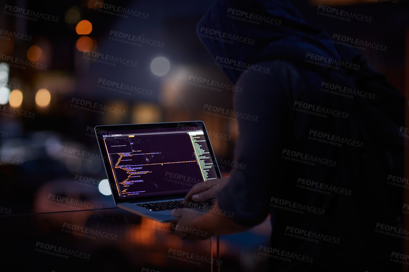 Buy stock photo Hacker, ransomware and programming with person and laptop for code, cyber security and phishing. Coding, technology and crime with programmer typing for fraud, network system and data scam at night