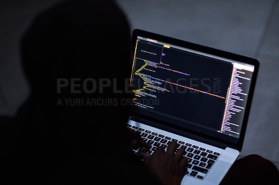 Buy stock photo Hacker, code and cyber security with person and laptop screen for ransomware, programming and phishing. Coding, technology and crime with programmer typing for fraud, network system and data at night
