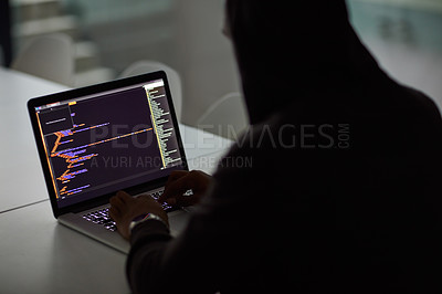 Buy stock photo Hacker, code and programming with person and laptop screen for ransomware, cyber security and phishing. Coding, technology and crime with programmer typing for fraud, network system and data at night