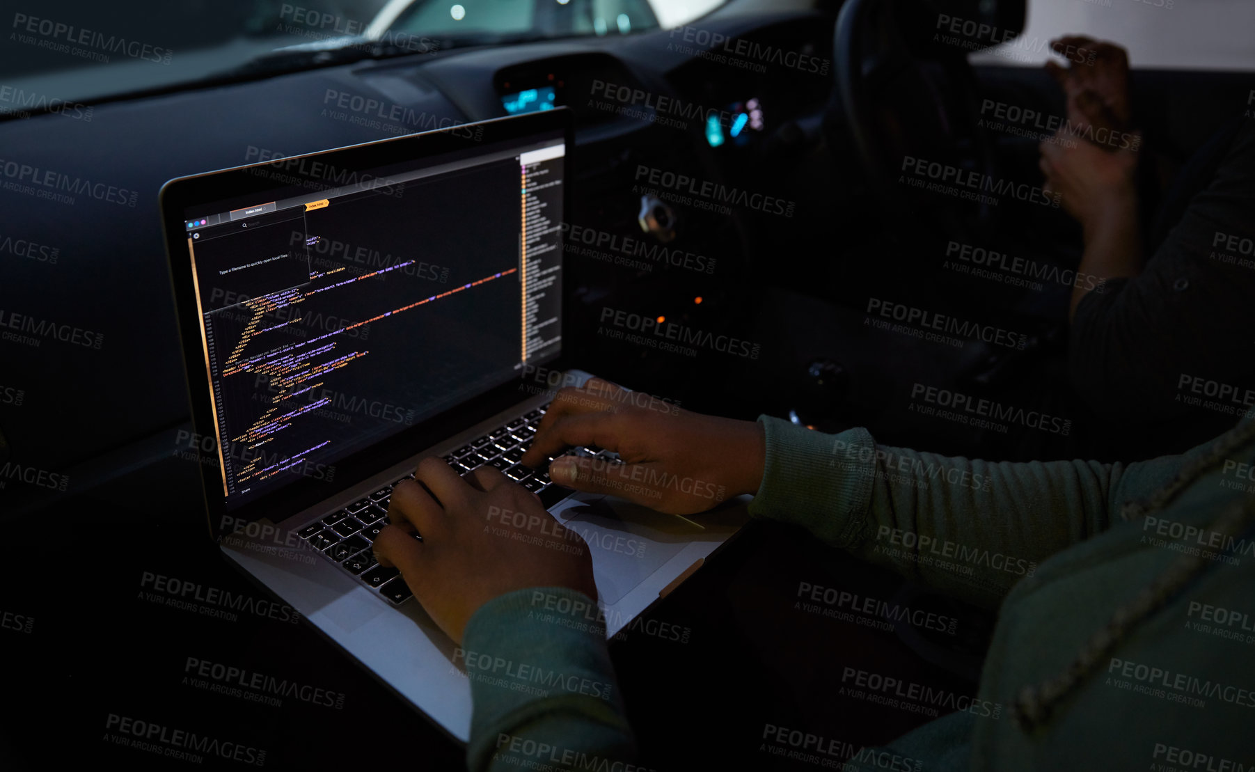 Buy stock photo Hacker, code and laptop with person in car for ransomware, cyber security and phishing. Coding, technology and crime with hands of programmer in vehicle for fraud, network system and data at night