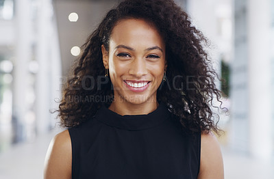 Buy stock photo Black woman, portrait and smile in office for career with finance, employee with confidence for accounting. Female accountant, happy or workplace building with pride for professional job in corporate