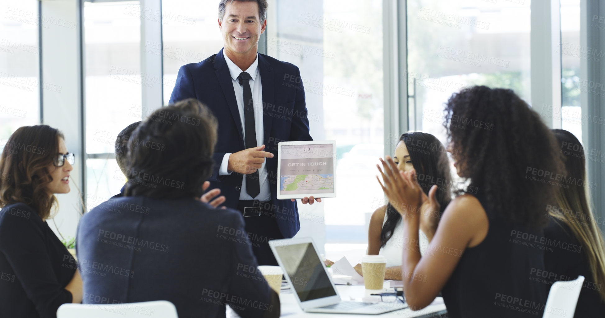 Buy stock photo Applause, presentation and tablet with business people in boardroom of office together for planning. Bonus, goals and target with employee group clapping in workplace for motivation or success