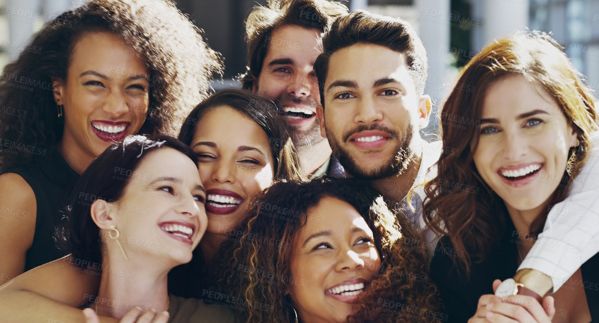 Buy stock photo Cropped shot of a group of happy businesspeople standing in their workplace lobby