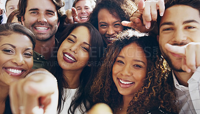 Buy stock photo Cropped shot of a group of happy businesspeople pointing at you while standing in their workplace lobby