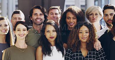 Buy stock photo Cropped shot of a group of businesspeople standing in their workplace