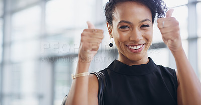 Buy stock photo Business woman, face and thumbs up with smile, support and agreement, thank you and success in workplace. Emoji, hand gesture and female professional in portrait, mockup space and positive feedback