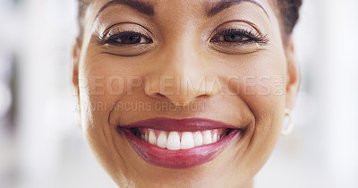 Buy stock photo Black woman, portrait and smile with teeth for dental care, oral hygiene and satisfied by closeup. Healthcare, female person and happy with confidence for gum health, veneers results and tooth enamel