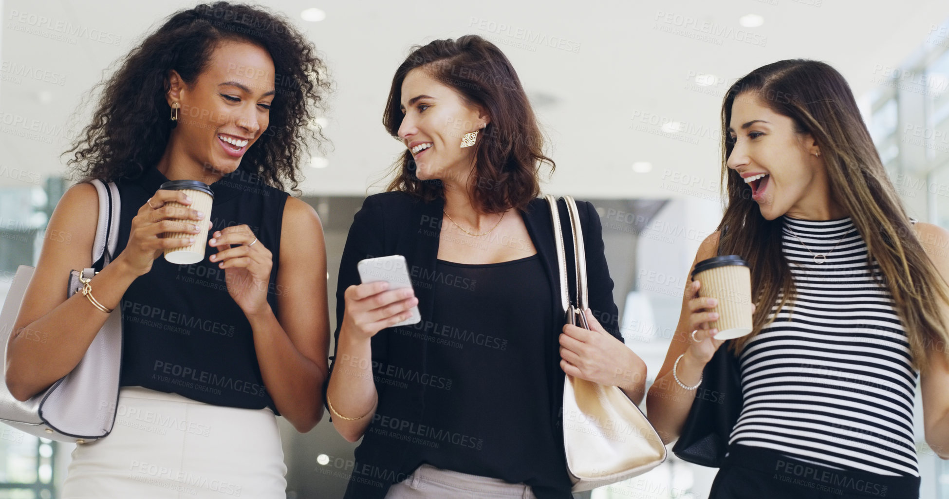 Buy stock photo Women, people and smile on smartphone at shopping center with email for goods news. Friends, coffee date and happy or laughing for social media post, funny and comedy with bonding and reunion