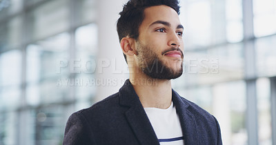 Buy stock photo Business, thinking and man in office building with goal, ambition and first day at new company. Male employee, smile and motivated in lobby for internship, idea or inspired in morning for opportunity