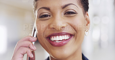 Buy stock photo Cropped shot of a young beautiful businesswoman making a phonecall in a modern office