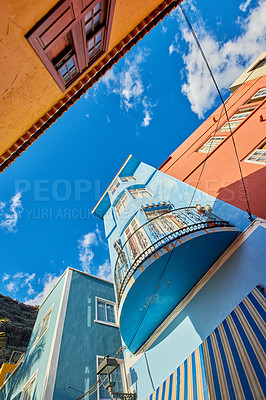 Buy stock photo Beautiful historical and old colorful residential buildings in the city of Santa Cruz de La Palma. Low angle of bright and vibrant homes or houses in an old village or town