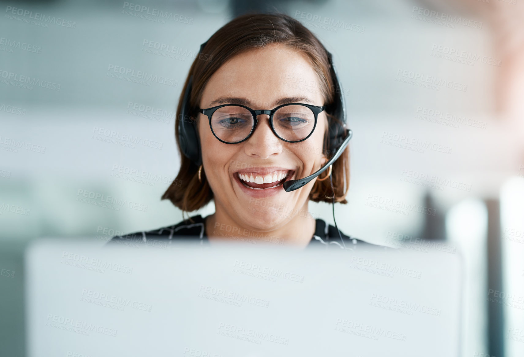 Buy stock photo Computer, call center and happy woman reading customer support email for help desk service. Telemarketing, contact us and consultant on laptop for advice, crm and talk to client for lead generation