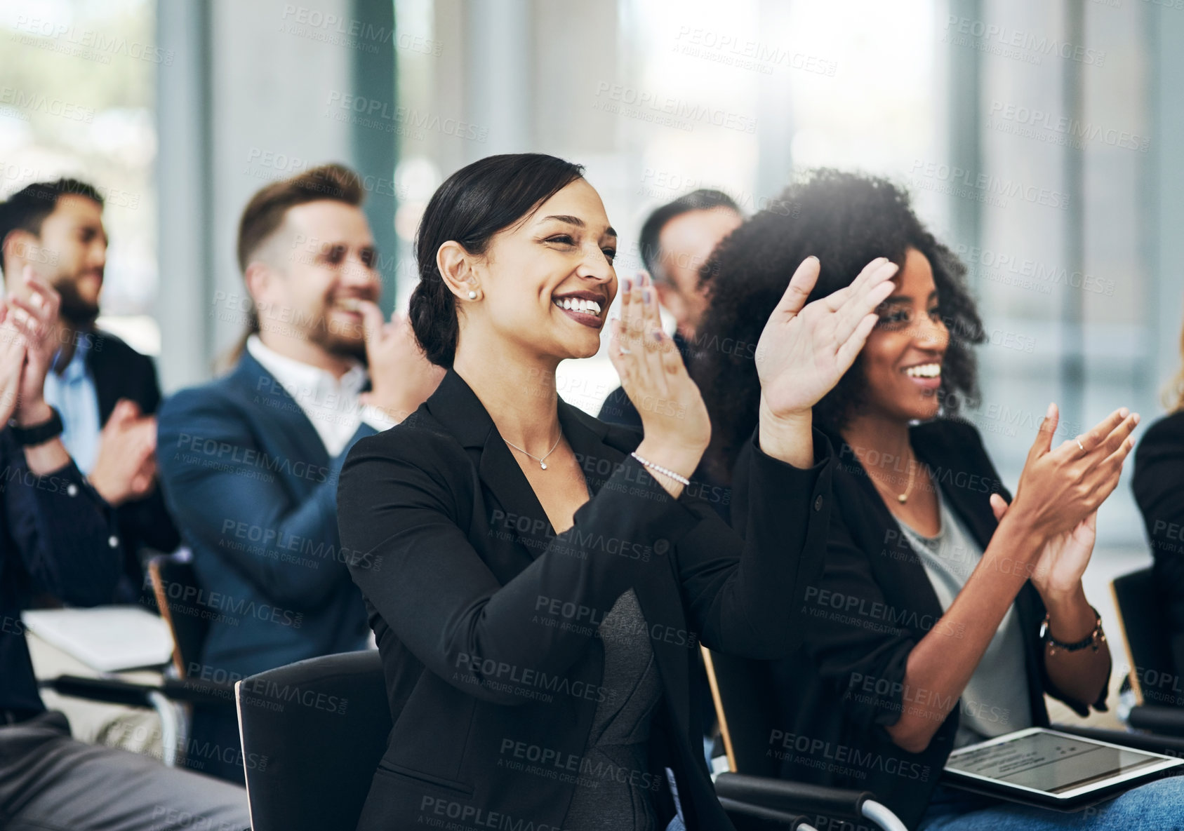 Buy stock photo Business, people and applause in conference at office for congratulations, success and achievement. Employees, training and workshop with clapping hands for presentation, career and business growth 