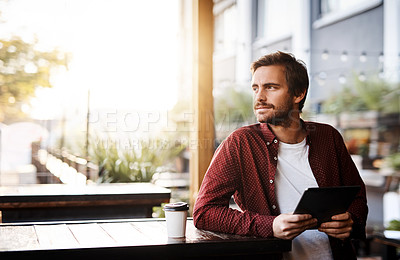 Buy stock photo Man, tablet and thinking in morning at coffee shop with notification, contact and email on internet. Person, digital touchscreen and communication on web, social media and application in cafeteria