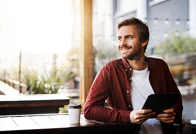 Buy stock photo Man, tablet and thinking by window at coffee shop for notification, contact or internet for smile. Person, digital touchscreen and communication on web, social media or application in morning at cafe