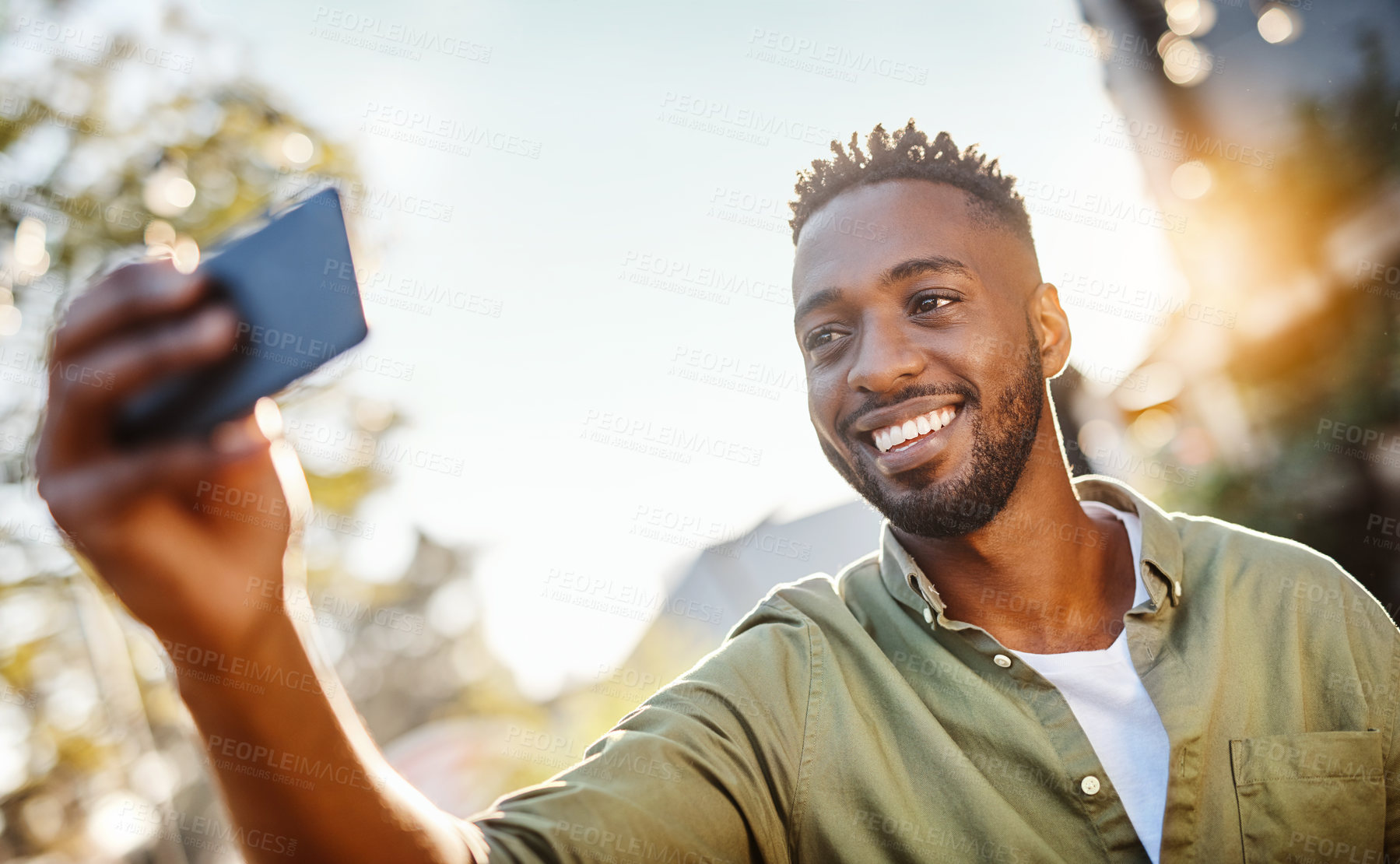 Buy stock photo Smile, black man and outdoor selfie for summer with social media update and happy memory. African male person, video call or profile picture for online digital gallery with sunshine and blog post