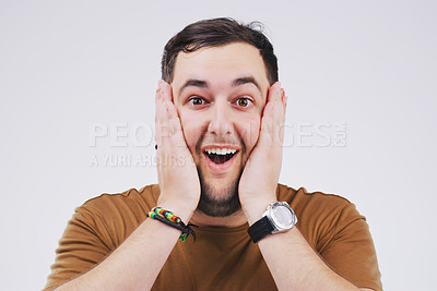 Buy stock photo Man, shocked and hands on face for surprise in white background studio for good news, wow portrait and happy body language. Model, announcement and notification for happiness, shock and excited